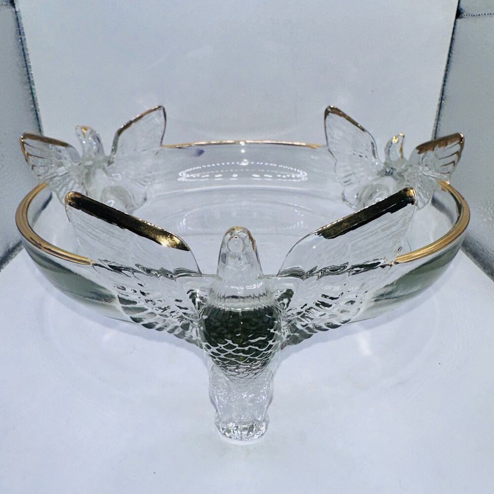 Vintage Jeanette Glass Three Eagle Bird Footed Bowl Candy Dish Gold Trim 7" MCM